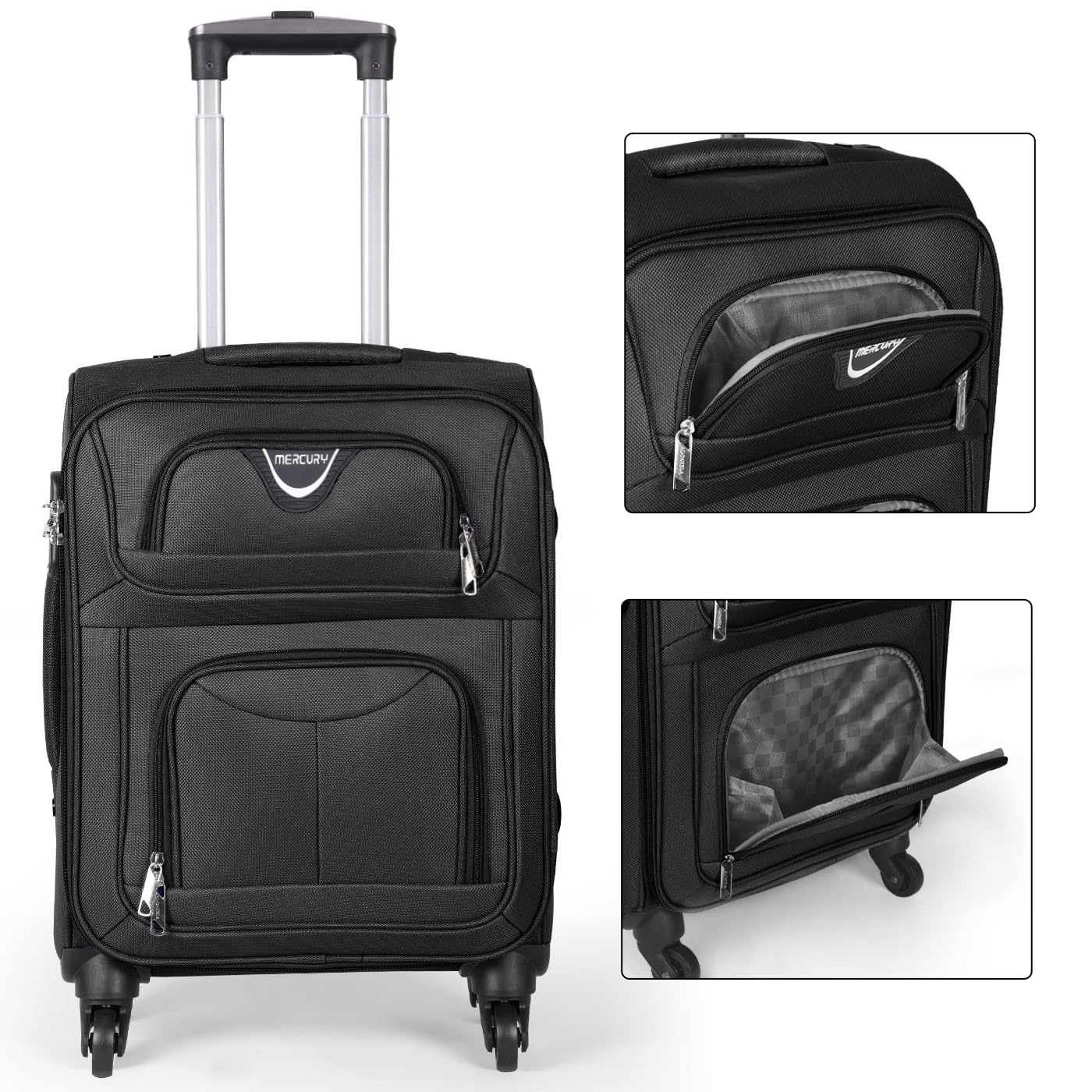 MERCURY TEXTIL - Juego de Maletas 3pcs de Tela (Negro) | con 4 Ruedas Giratorias 360°, Expandible (Cabina, Mediana y Grande), Cierre de Seguridad - Ideal para Viajes y Vacaciones