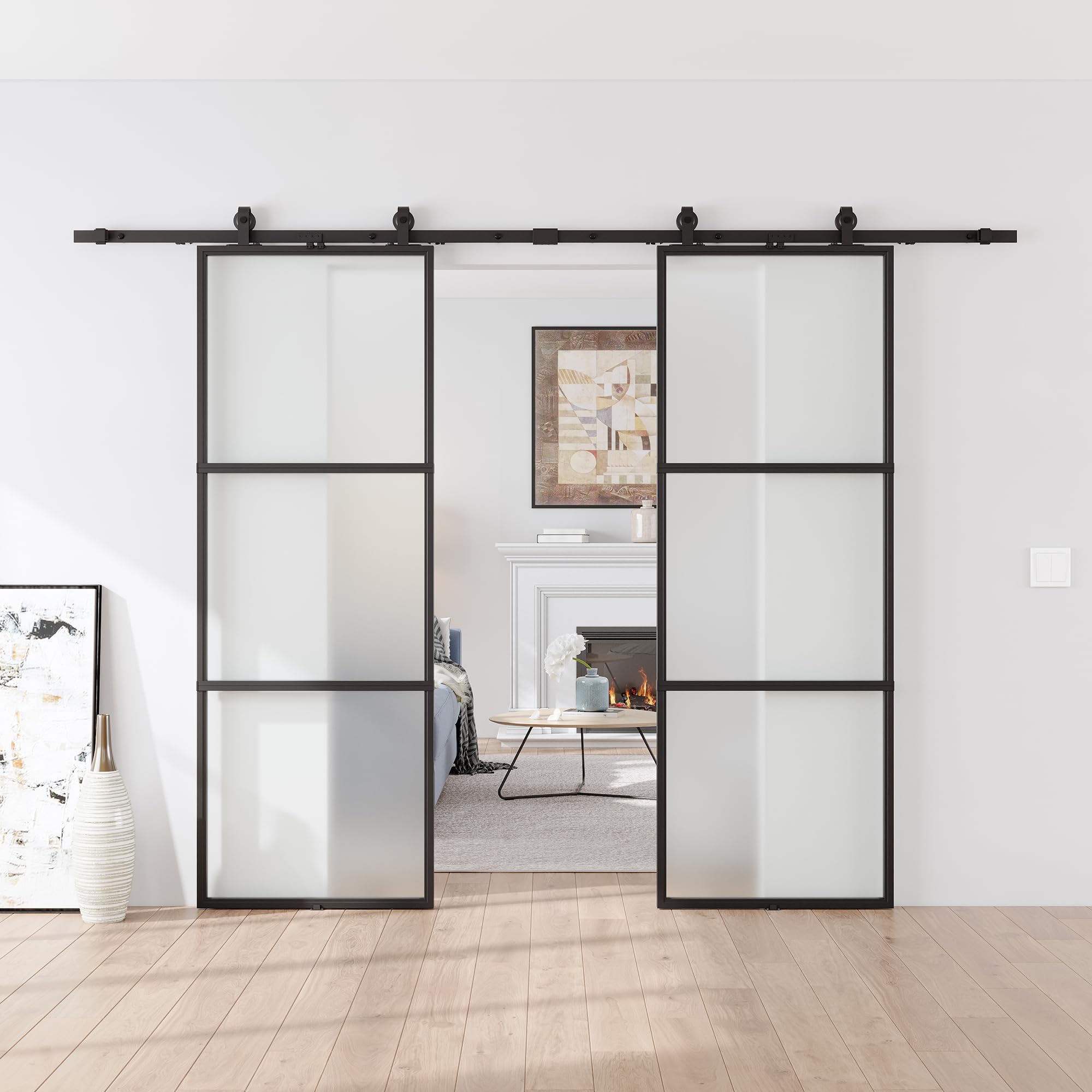 60 x 84 in Metal and Glass Sliding Double Barn Door with Installation Hardware Kit (Soft-Close Included)