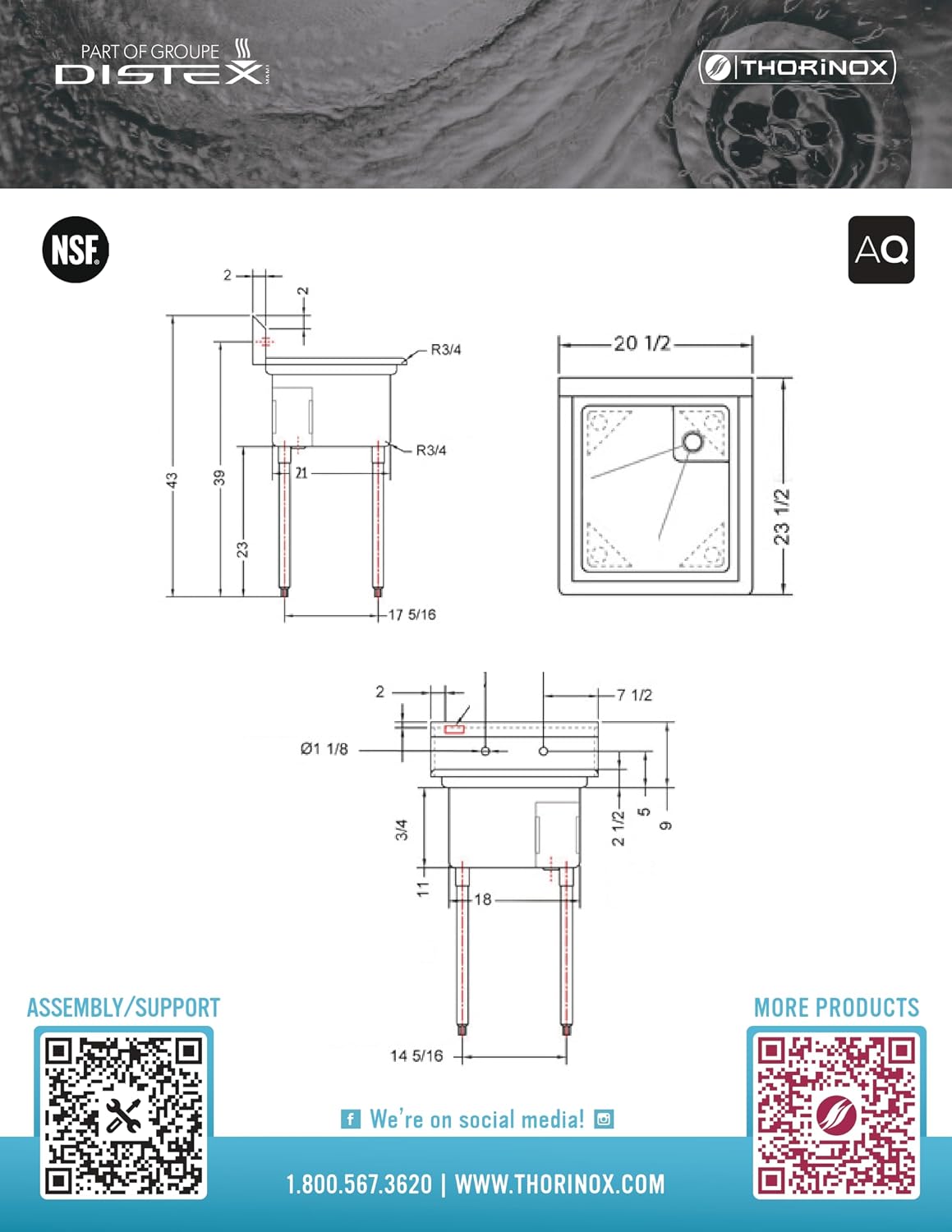 THORINOX TSS-1821-O Stainless Steel Commercial Duty 18" x 21" Single Sink Ideal for Kitchen, Garage, Laboratory, Pet Shop and Home