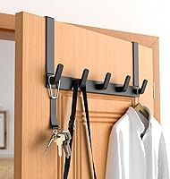 CHAUNCEYHOME Heavy Duty Over The Door Hooks Hanger, 5-Hook Rack for Coats Towels Bags, Fits 1 3/4" Doors, 7" Extended Arms, Black L7U