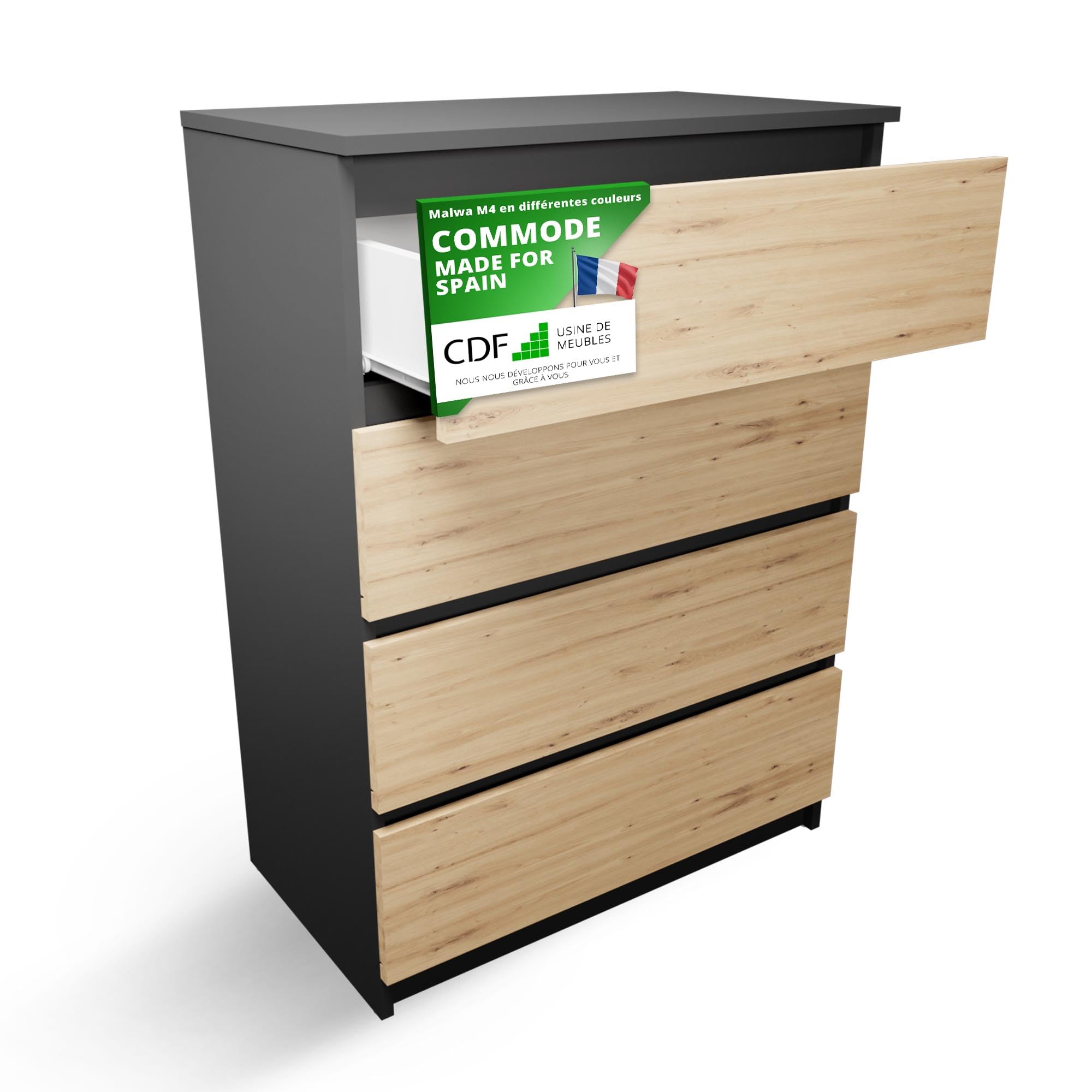 CDF Commode 4 Tiroirs Commode Chambre Anthracite Chêne Artisan Meuble Armoire de Rangement Spacieux pour Salon Bureau Spacieuse et Design Moderne Facile à Installer 40x70x97 cm Meuble à Vêtements