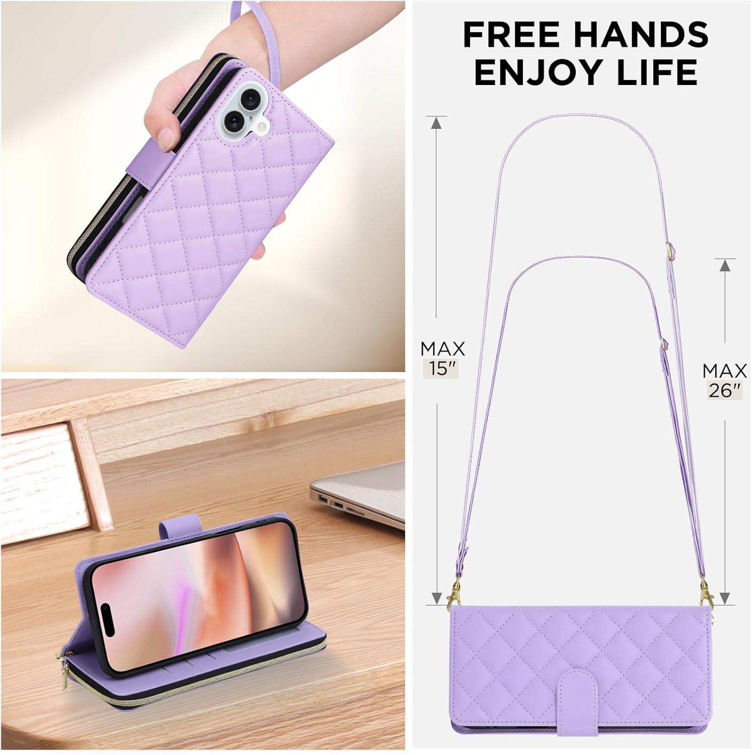 Asuwish Phone Case for iPhone 16 Plus Wallet Cover with Screen Protector Strap Card Holder Slot Stand PU Leather Flip Cell Zipper i-Phone 16+ iPhone16Plus 5G i i16 + iPhone16 16Plus Women Girls Purple