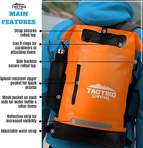 Miniatura 4 de Tactiko - Mochila 100% impermeable de 30 litros y bolsa de lona con cremallera de 2 litros a prueba de salpicaduras, bolsa seca enrollable para