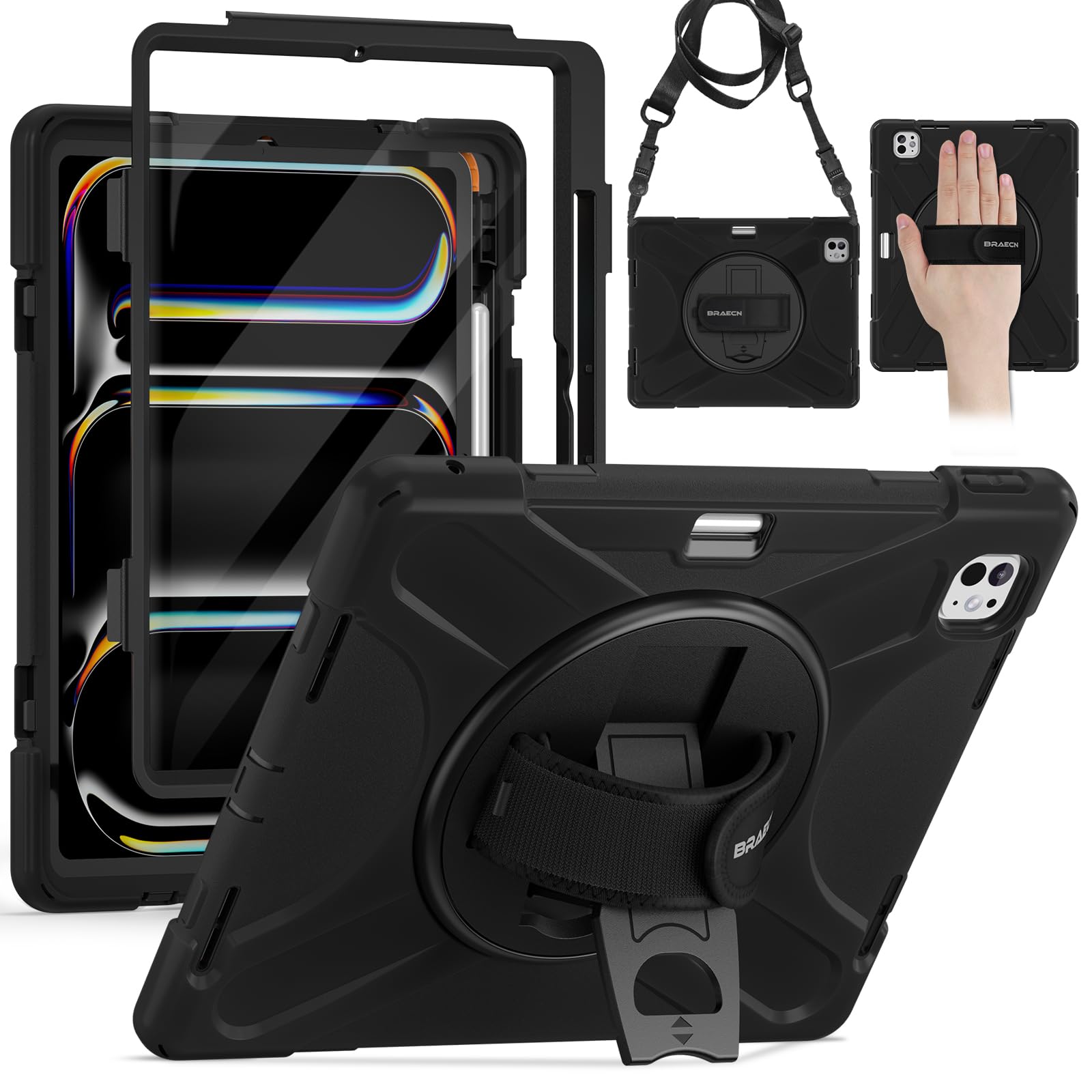 BRAECN iPad Pro 13 Hülle 2025 M5/2024 M4, Robuste Stoßfeste Schutzhülle mit Displayschutz, 360°Drehbarer Handgurt und Ständer, Stifthalter, Schultergurt für iPad Pro 13 Zoll, Schwarz