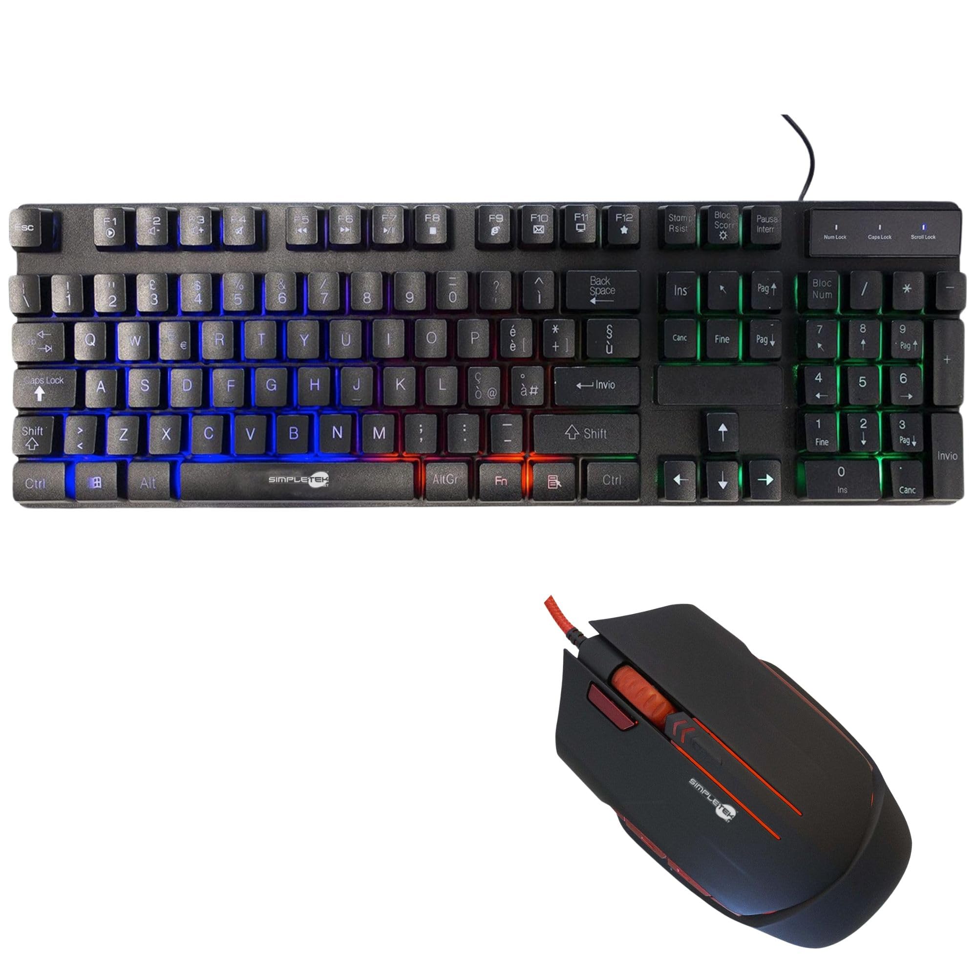 SIMPLETEK - Kit Gaming Mouse & Tastiera RGB | QWERTY Layout Italiano Tasti Sospesi Anti-Ghosting | Mouse Programmabile 3200 DPI