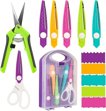 7 Pcs/Set Craft Scissors Decorative Paper Edge Scissors with Storage Box Set, 5 Kinds Zig Zag Edges Scissors Great for DIY Projects Paper Card,Photo, Scrapbook,Office School Home Manual Violet