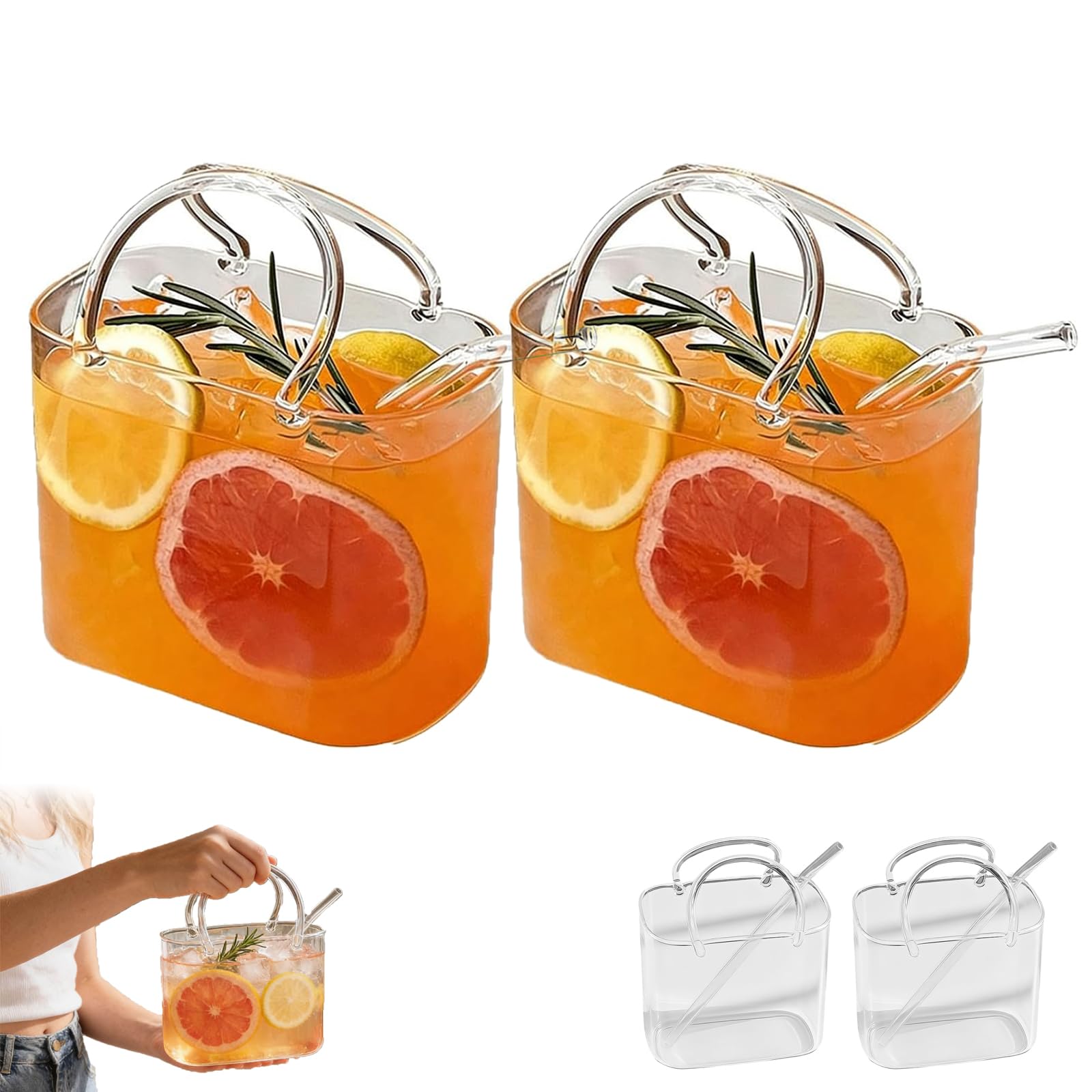 Sac à main en verre pour boisson et jolis verres à cocktail originaux avec pailles x2