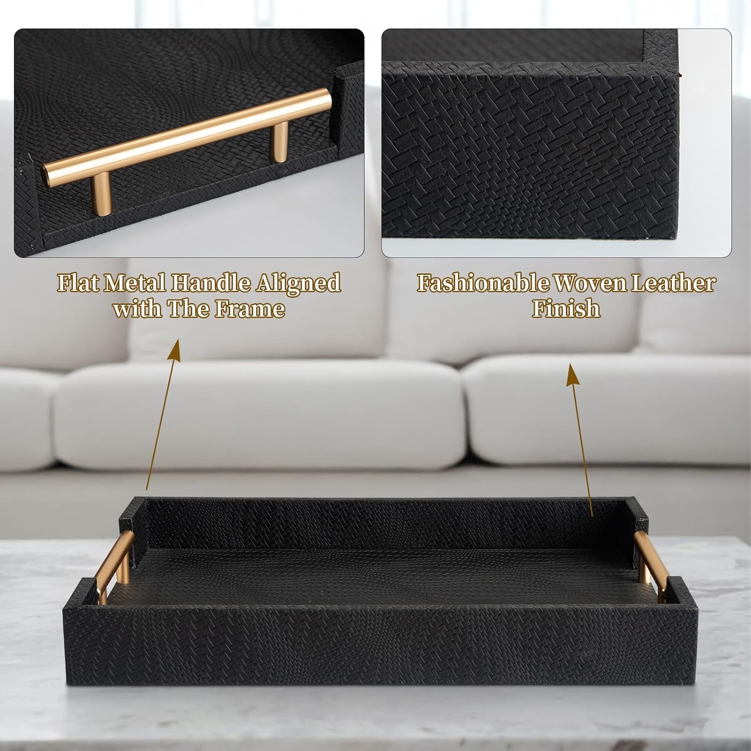 2 Piece Woven Leather Ottoman Tray with Gold Handles, Perfect Rectangular Serving Tray for Living Room, Coffee Table Tray as Thoughtful Gift for Home Decor Enthusiasts (Black) - Image 4