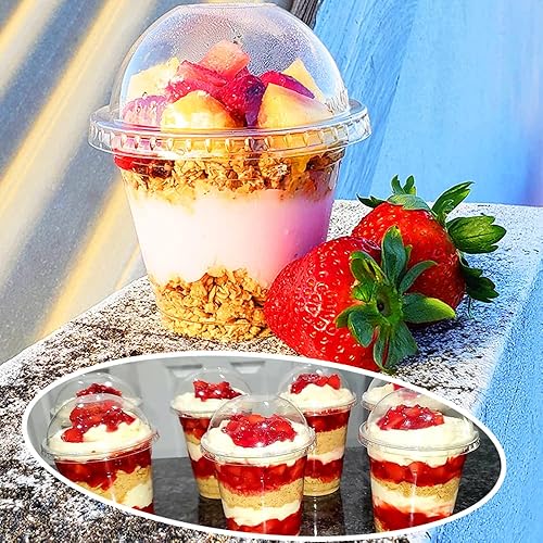 Miniatura 7 de Szsrcywd 50 paquetes de 9 onzas de vasos de plástico transparente, vasos desechables para postres con tapas de cúpula sin agujero, vaso de PET