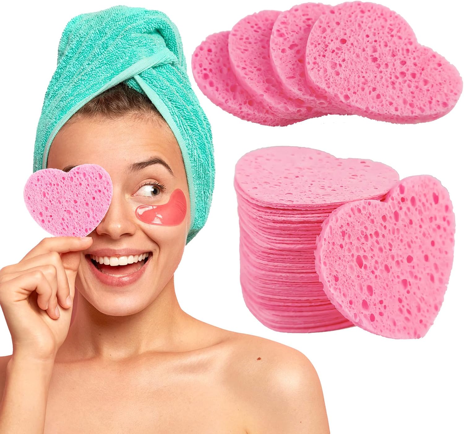 60Count Compressed Facial Sponges for Washing Face Heart Shaped Face Sponge for Cleansing and