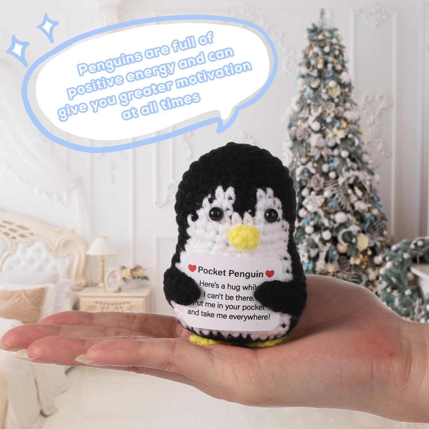 TOYMIS Positive Penguin With Heart, Crocheted Penguin Pocket Hug, Knitted Wool Doll For Party Decoration, Inspirational Gift