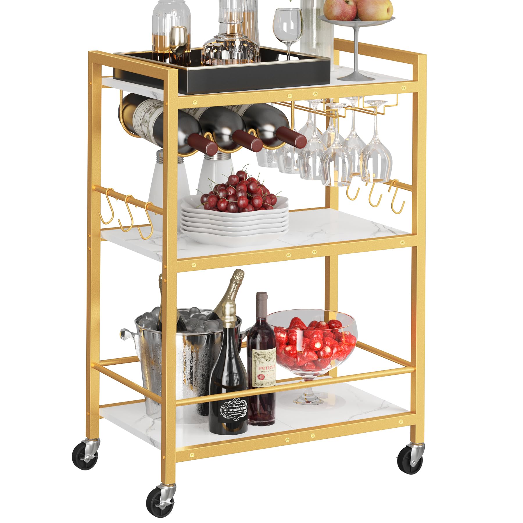 TUTOTAK Bar Cart - Serving Cart for Home - Microwave Cart, Drink Cart, Mobile Kitchen Shelf with Wine Rack and Glass Holder, Rolling Beverage Cart BC01BMG030