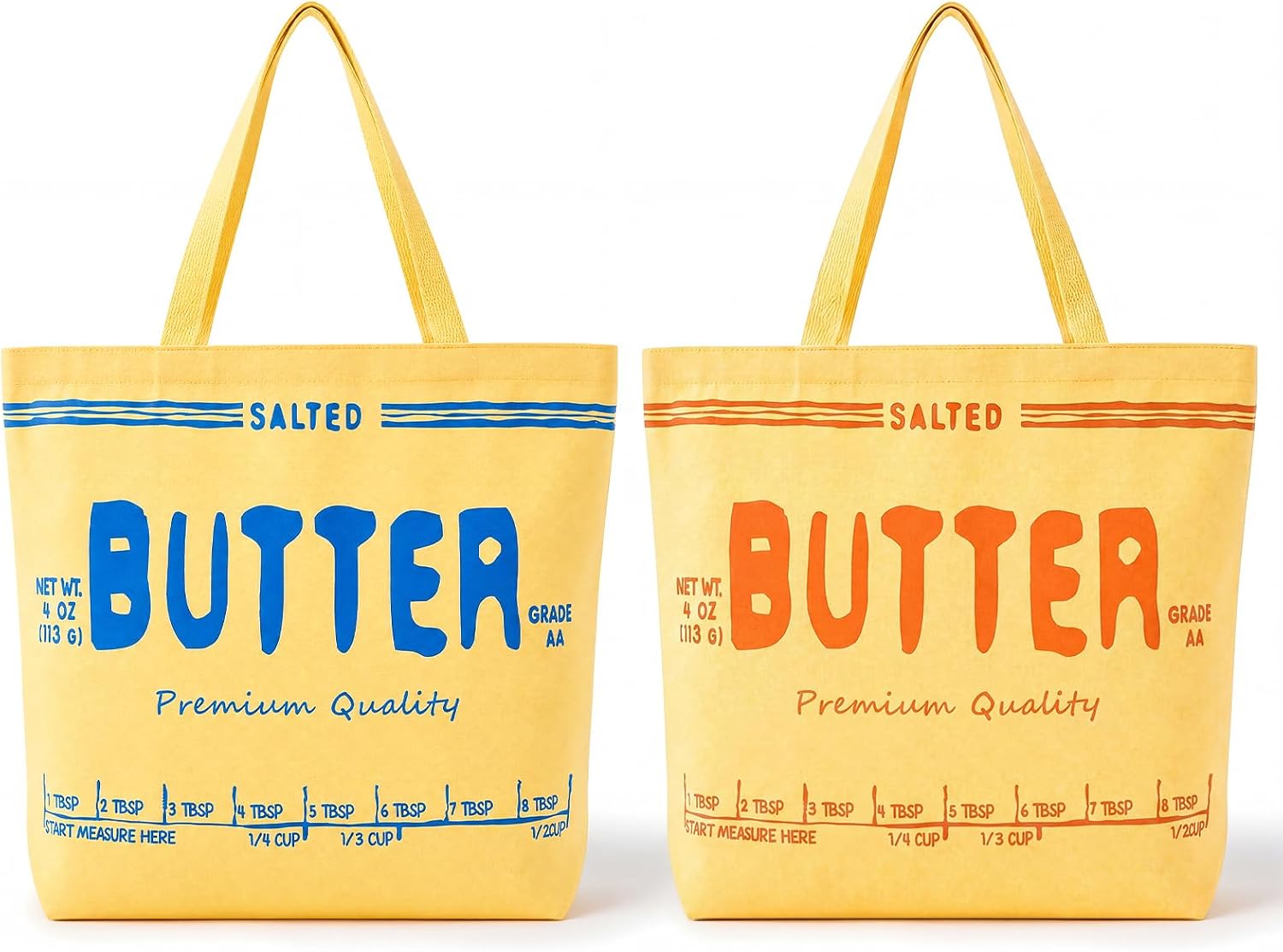 Paterr 2pcs Butter Canvas Tote Bag Yellow Funny Salted Bag with Long Handle | Reusable Shopping Bags, Daily Essential Large Capacity Women's Tote Handbag, Baker Baking Butter Lovers Gift