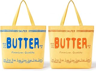 Paterr 2pcs Butter Canvas Tote Bag Yellow Funny Salted Bag with Long Handle | Reusable Shopping Bags, Daily Essential Large Capacity Women's Tote Handbag, Baker Baking Butter Lovers Gift