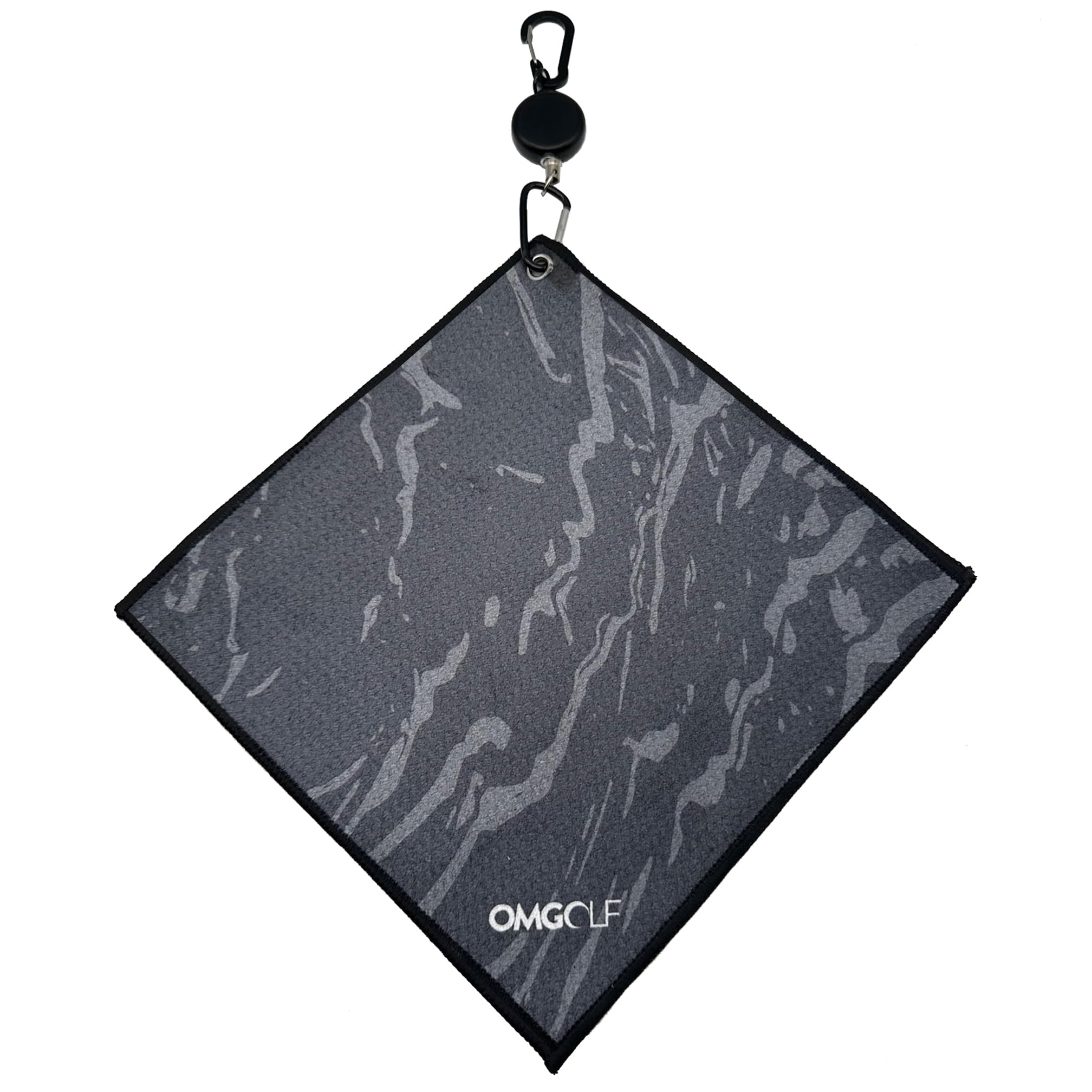 OMGolf, Golf Towel Microfiber with Retractable Carabiner Reel, Steel Wire, Camouflage Print (Black/Grey)