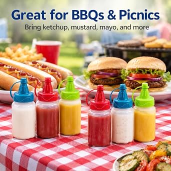 6-Pack Mini Condiment Squeeze Bottles, 1.18 oz Sauce Bottles for Ketchup, Mustard, Mayo, Dressing, Travel BBQ Picnic Lunch Box Camping, BPA-Free Plastic | Small refillable bottles for ketchup, mustard, mayo, sauces, and dressing; ideal for lunch boxes, picnics, BBQs, and travel