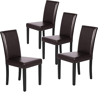 Yaheetech Dining Chairs Set of 4 PU Leather Dining Room Chairs with Waterproof Surface and Wood Legs for Kitchen Restaurant and Living Room, Dark Brown