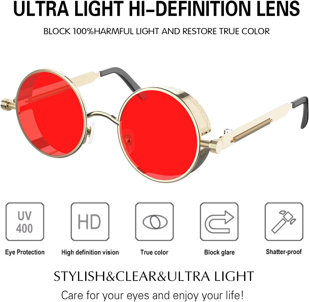 PROUDDEMON Retro Gothic Steampunk Sunglasses for Women Men Round Lens Metal Frame - Image 2