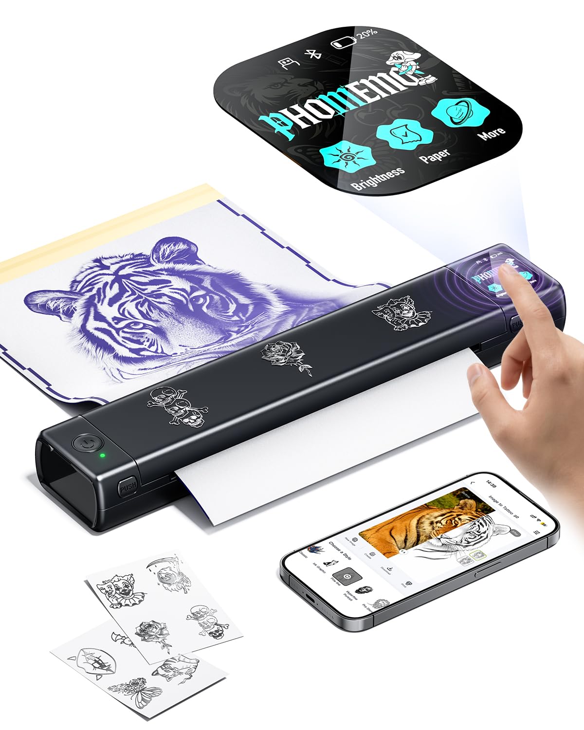 Phomemo M08F Plus AI Stampante Stencil Tattoo Smart HD Touchscreen | Stampante Termica Tattoo Professionale Bluetooth Stampante Stencil Tatuaggi con 20 Fogli Carta Transfer Premium