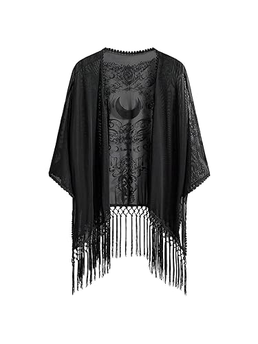 BEAUDRM Women's Goth Graphic Open Front Kimonos Boho Hippie Fringe Sheer Mesh 3/4 Sleeve Beach Cover Up Cardigan - Medium - Black