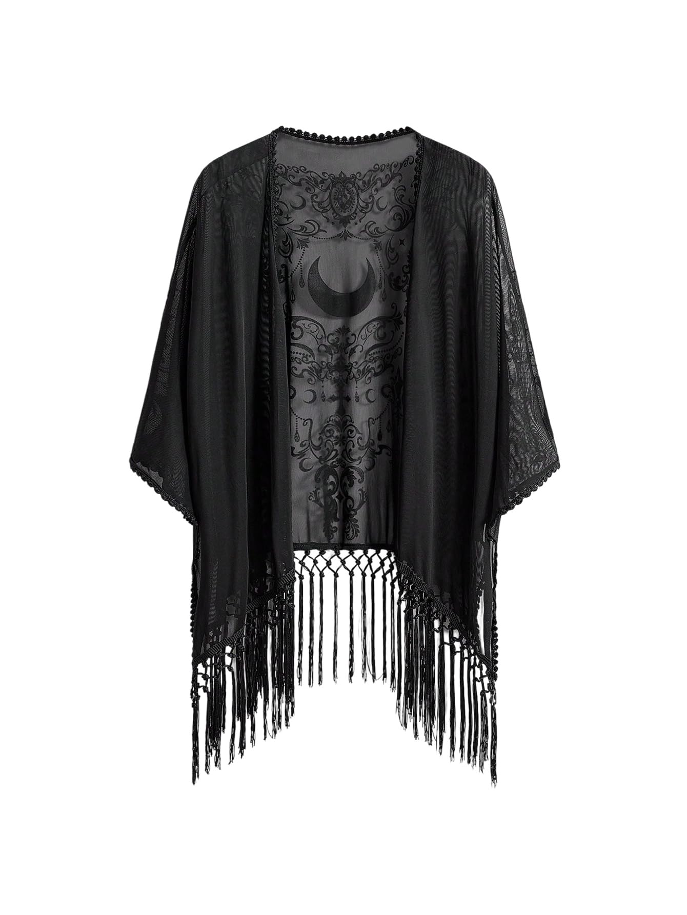 Women's Goth Graphic Open Front Kimonos Boho Hippie Fringe Sheer Mesh 3/4 Sleeve Shawl Poncho Cardigan-image-15