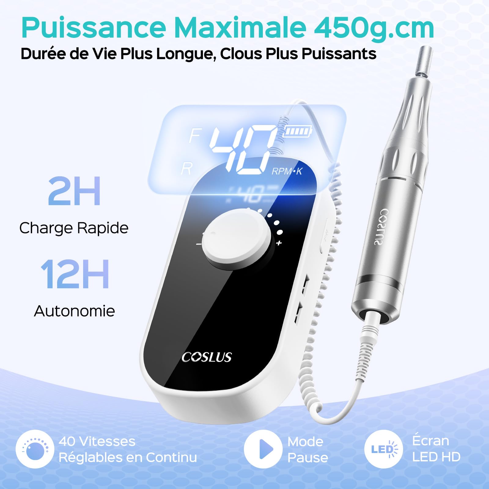 COSLUS E51 Ponceuse Pour Ongles Professionnelle: 40000 RPM Ensemble de Lime a Ongle Electrique 6 en 1 Pour Ongles en Gel et Ongles en Acrylique, Idéal Pour le Salon et La Maison Portable et Silencieux