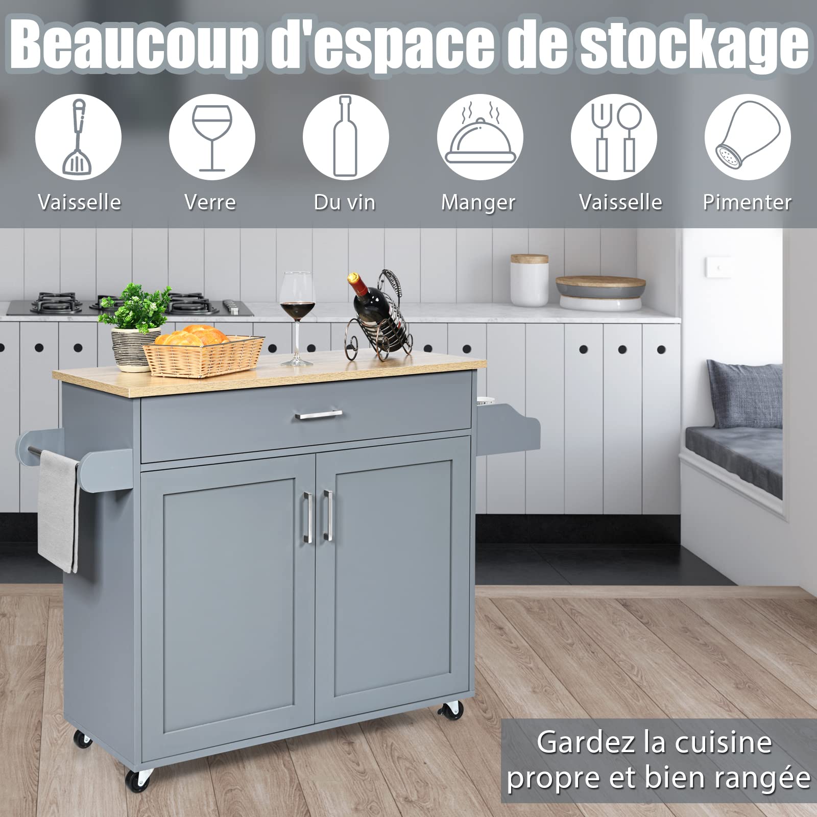 COSTWAY Dessert de Cuisine à roulettes Verrouillables, Ilot Central Cuisine Étagère Réglable sur 3 Niveaux, Grand Placard, Tiroir, Porte-épices et Porte-Serviettes, 40 x 116 x 85 cm (Gris)