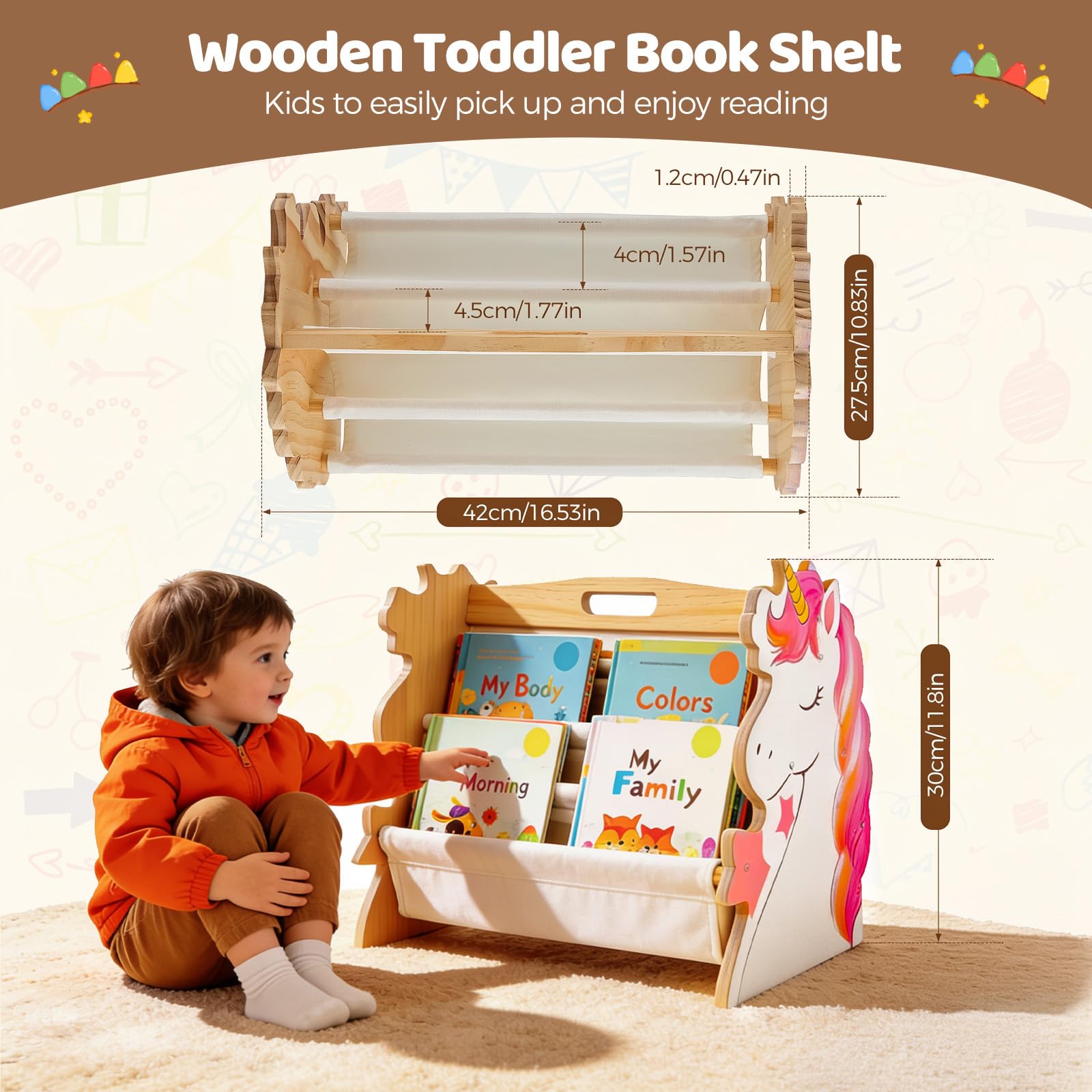 Libreria per bambini in legno a 2 ripiani, Libreria Montessoriana per Bambini, Scaffalatura Espositore da Cameretta, organizer per libri con maniglia, scaffale organizer per Cameretta e Stanza (02)