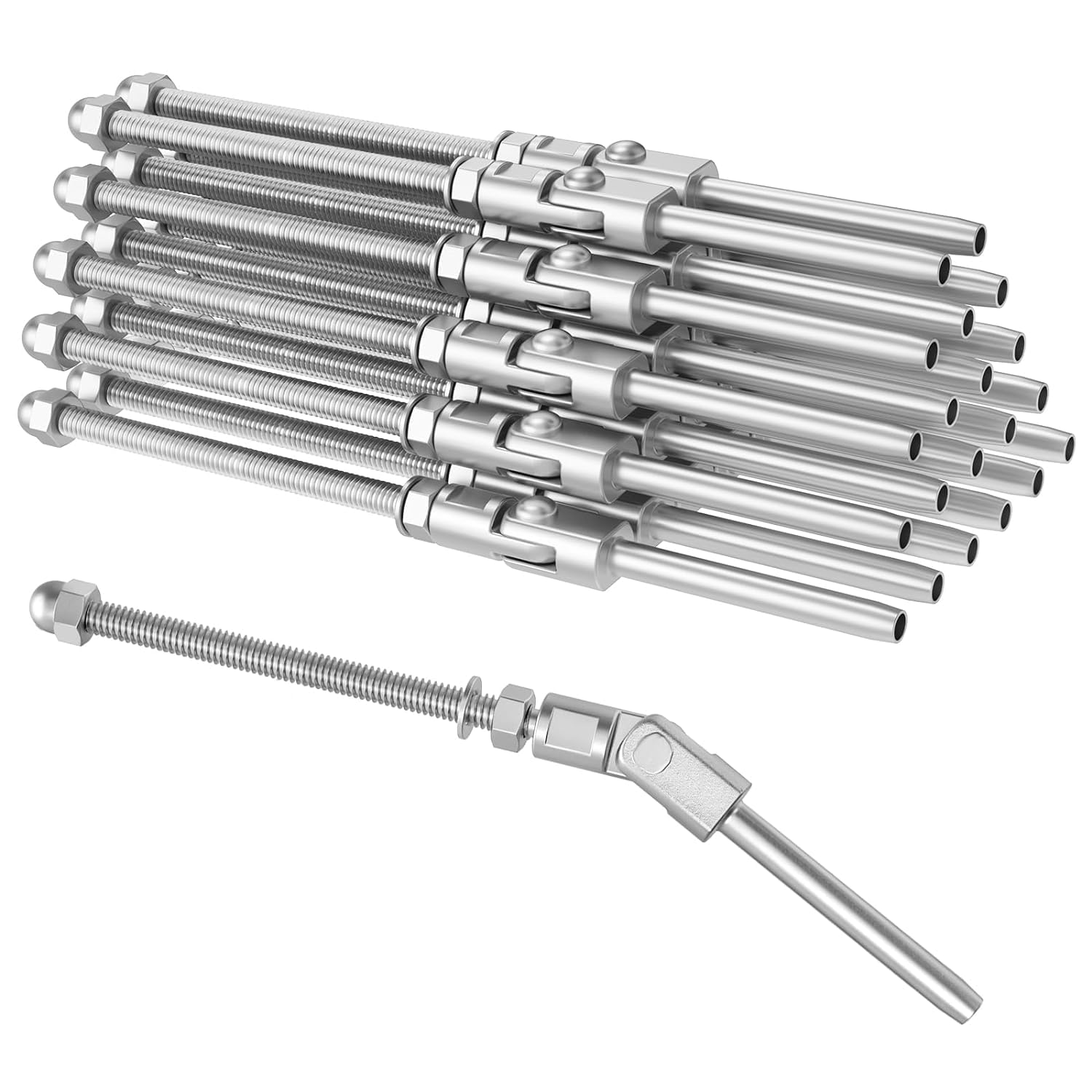 Photo 1 of BLIKA 20 Pack 6" Long Angled Swage Threaded Stud, 3/16" 180 Degree Adjustable Angled Swage Threaded Stud Tension End, Cable Angle Tension Kit for 4x4, 2x2 Wood/Metal Post, Angle Cable Railing Hardware