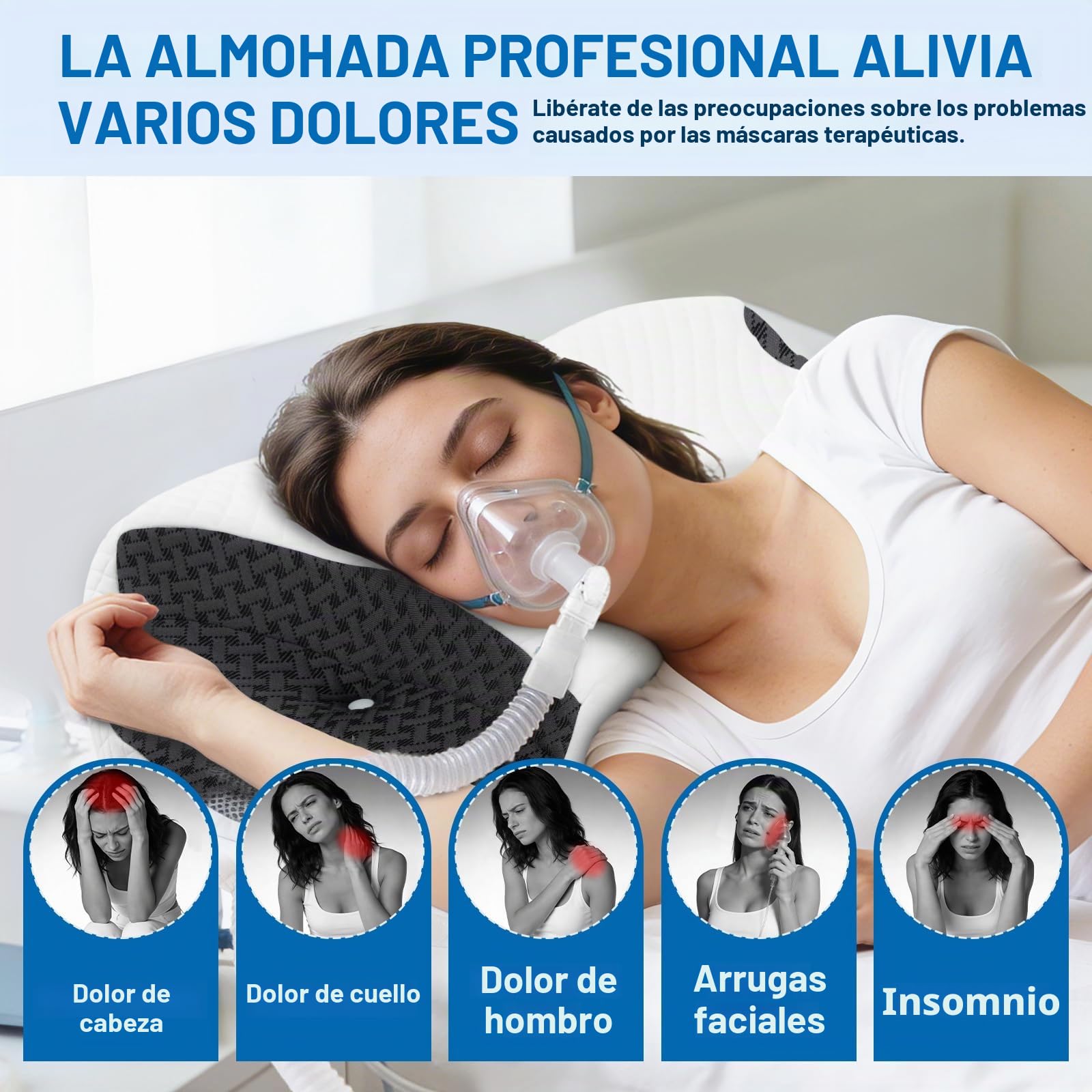 Almohada CPAP para Dormidores de Lado, Negro, 70x40x10/12.5cm | Reduce Fugas de Aire y Presión de la Máscara, Almohada de Memory Foam Premium para Máscaras CPAP, para Todas Posiciones