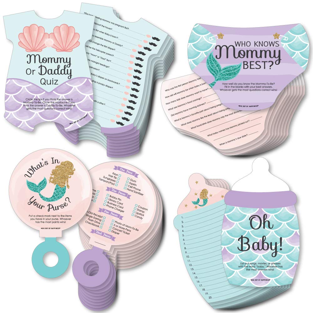 Big Dot of Happiness Let’s Be Mermaids - 4 Baby Shower Games - 10 Cards Each - Who Knows Mommy Best, Mommy or Daddy Quiz, What’s in Your Purse and Oh