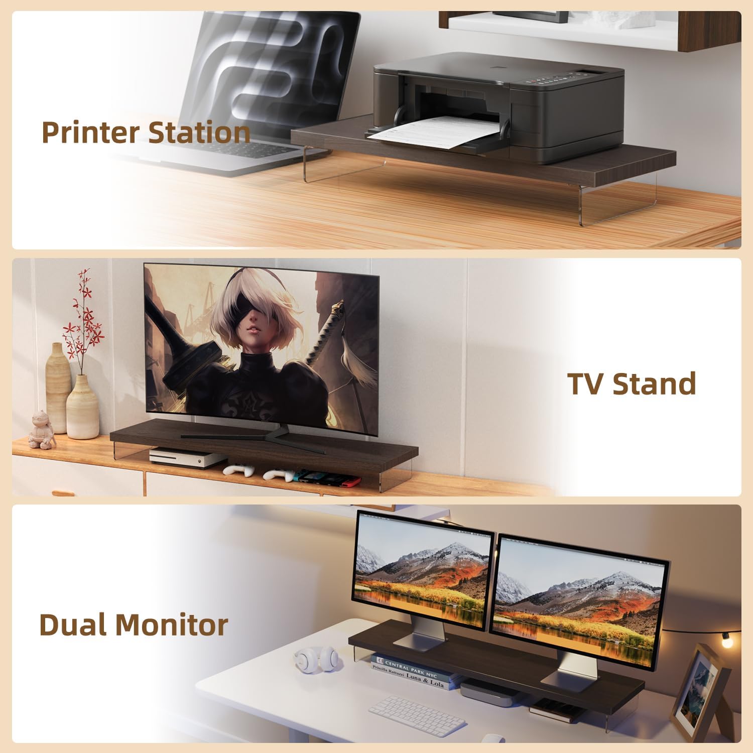 Dual Monitor Stand Riser, 40" Large Computer Monitor Stands for 2 Monitors, Wooden Desktop Organizer Shelf for Office Desk Computer, Laptop, TV, Monitor, Printer