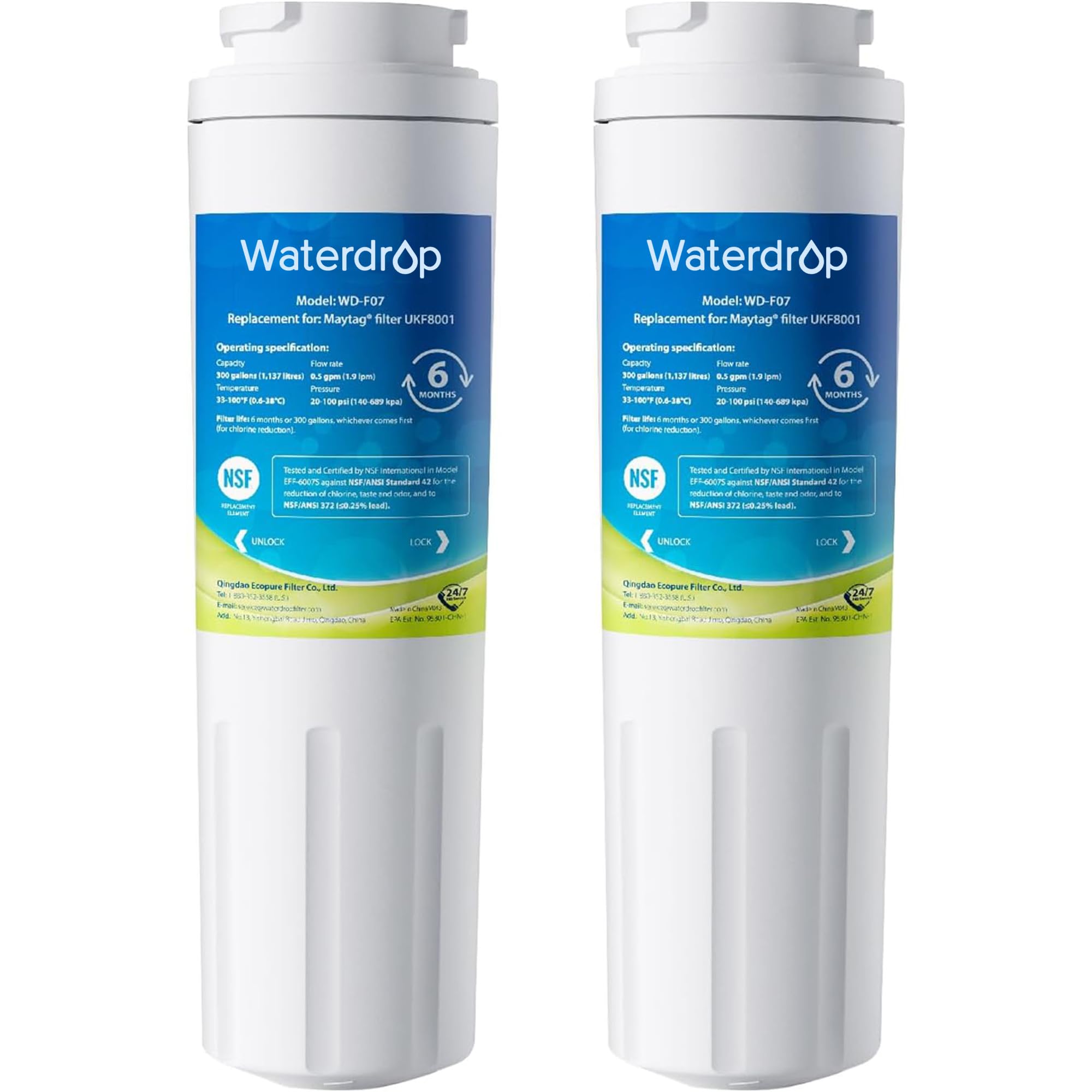 Waterdrop EDR4RXD1 Compatible with EveryDrop Filter 4, Whirlpool UKF8001, 4396395, Maytag UKF8001AXX-200, UKF8001AXX-750, WD-F07, Refrigerator Water Filter, 2 Filters