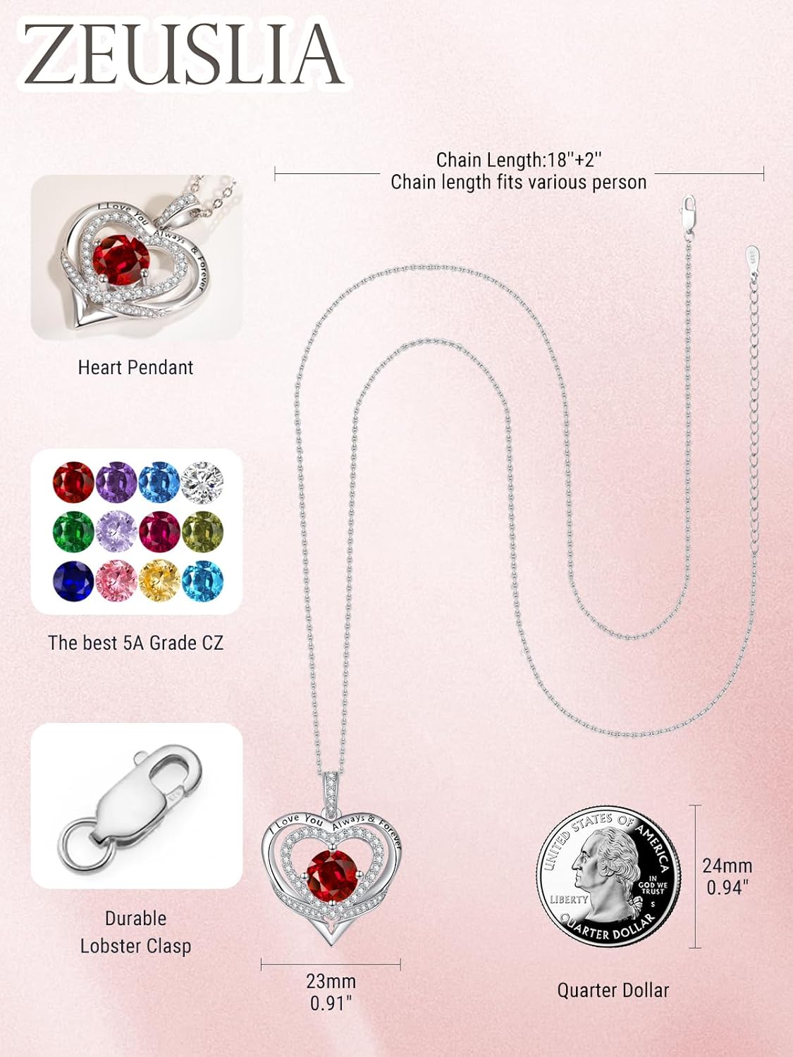 Heart Necklaces for Women, White Gold/Rose Gold Jewelry with Birthstone Pendant, Anniversary Birthday Gifts for Her Wife Girlfriend Mom, 18+2 Inch Chain - Image 3