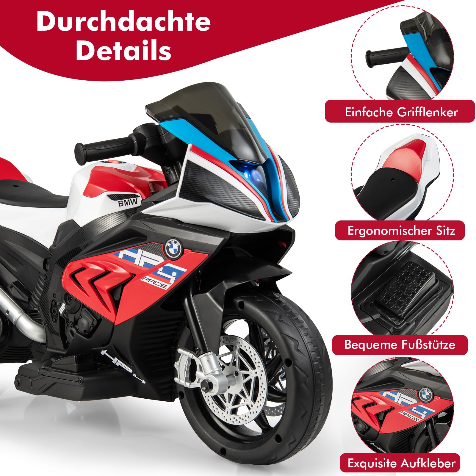 GOPLUS 6V BMW Kinder Elektromotorrad, Kindermotorrad mit Musik & Scheinwerfer für 3-8 Jahren, 3 km/h Kinderfahrzeug mit 3 Rädern & Fußpedal, Kinderdreirad bis 30 kg Belastbar (Rot)