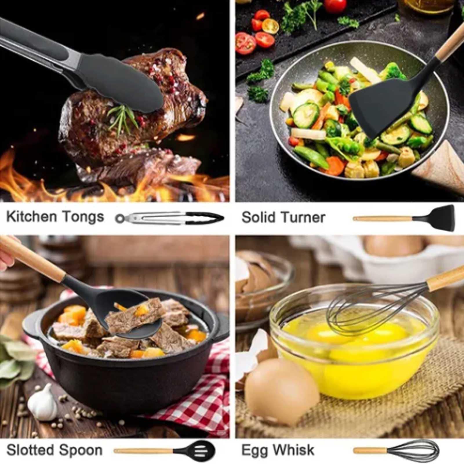 Cucina Silicone | Set da Cucina in Silicone con Manico in Legno | 30 pezzi, silicone antiaderente resistente al calore, set da cucina senza BPA