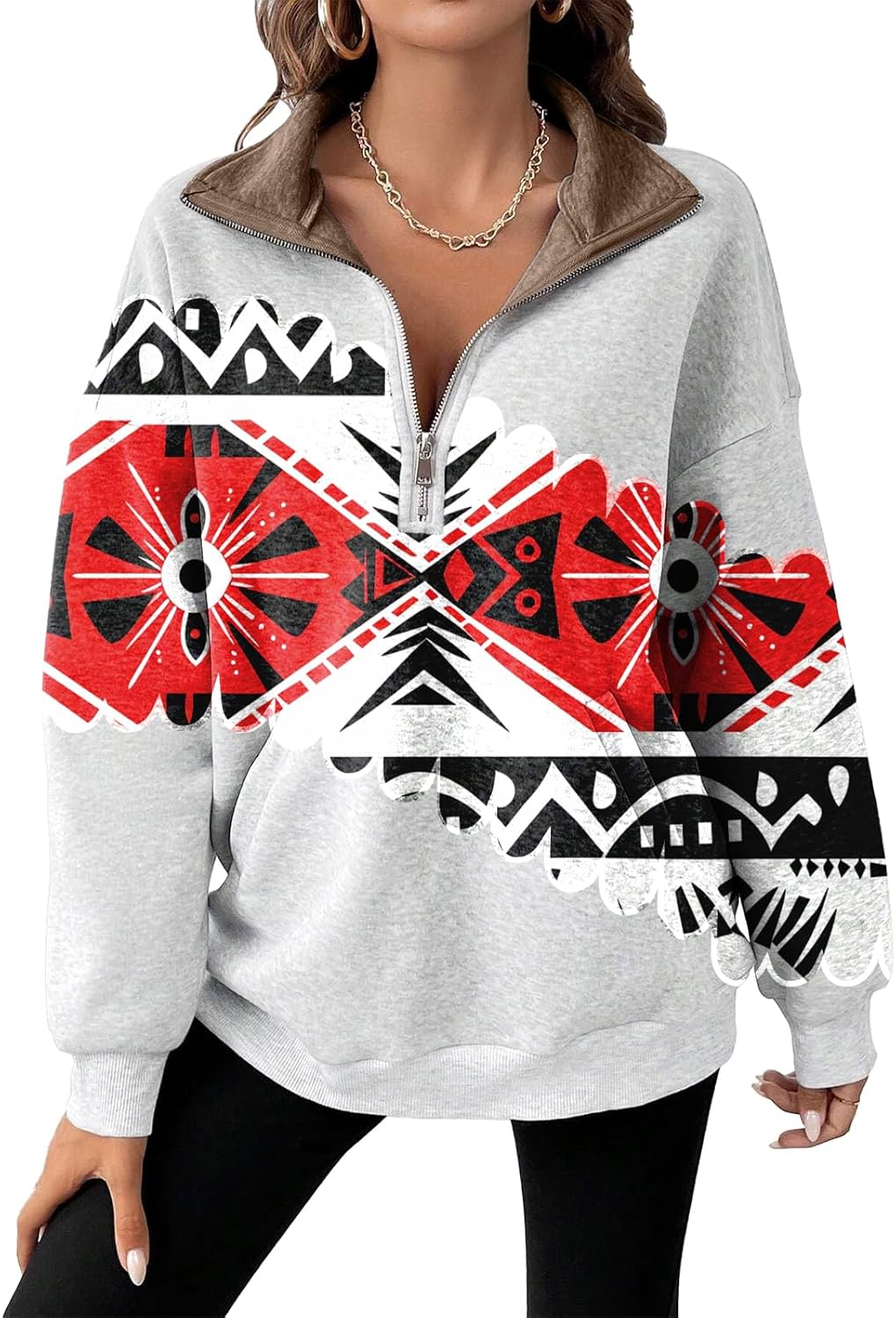 Womens Quarter Zip Pullover Oversized Sweatshirt Trendy Western Cowboy Aztec Print ...