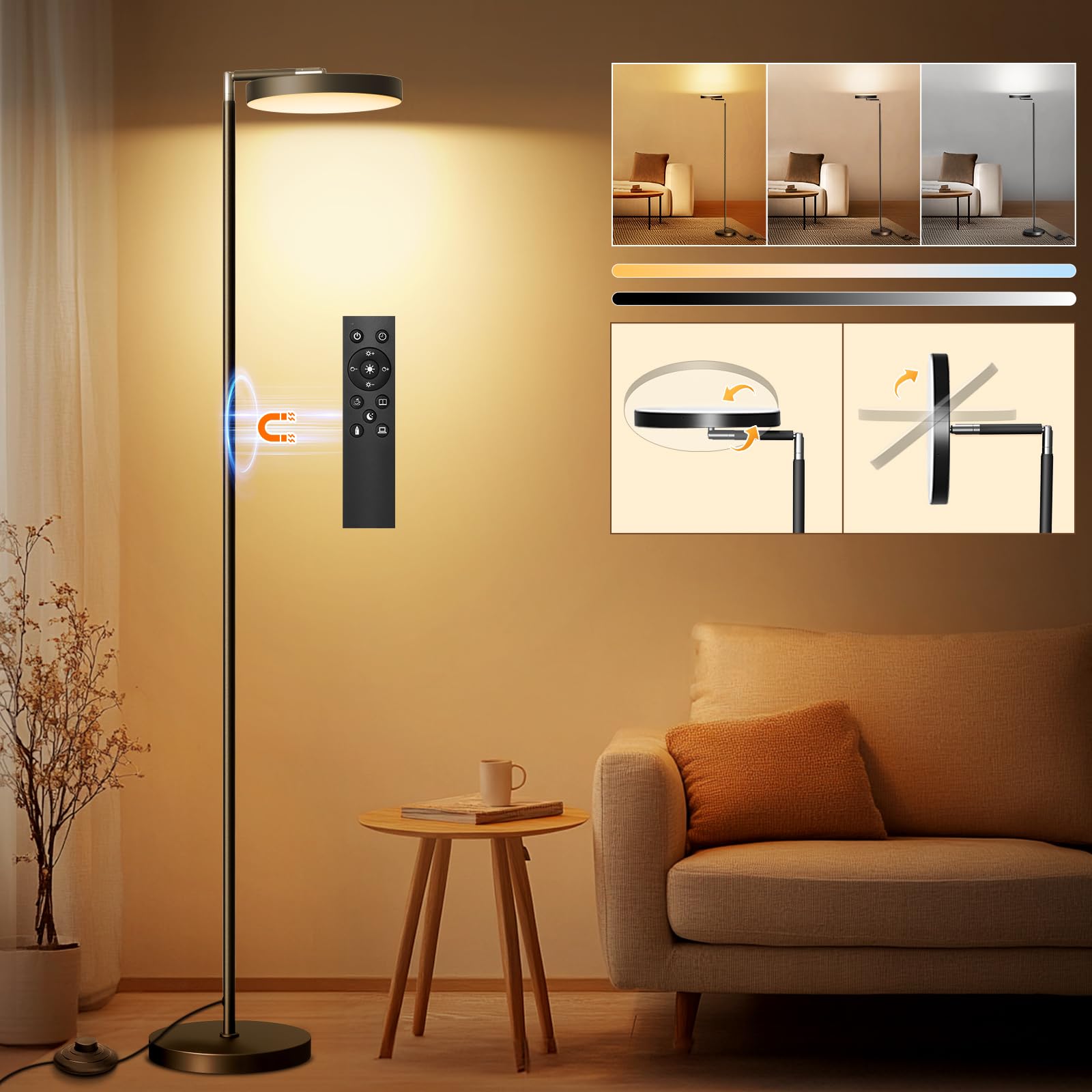 24W Deckenfluter LED Dimmbar 163cm,2600 Lumen Stehlampe Dimmbar mit Memory-Funktion,2700K-6500K Leselampe Stehlampen Schwarz,LED Stehlampe 1H Timer mit Fernbedienung für Schlafzimmer,Büro
