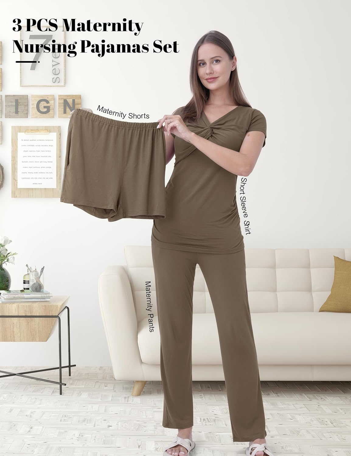 Maternity Nursing Pajamas Set 3PCS, Breastfeeding Tops, Adjustable Shorts & Pants, Postpartum Hospital Bag Essentials - Image 4