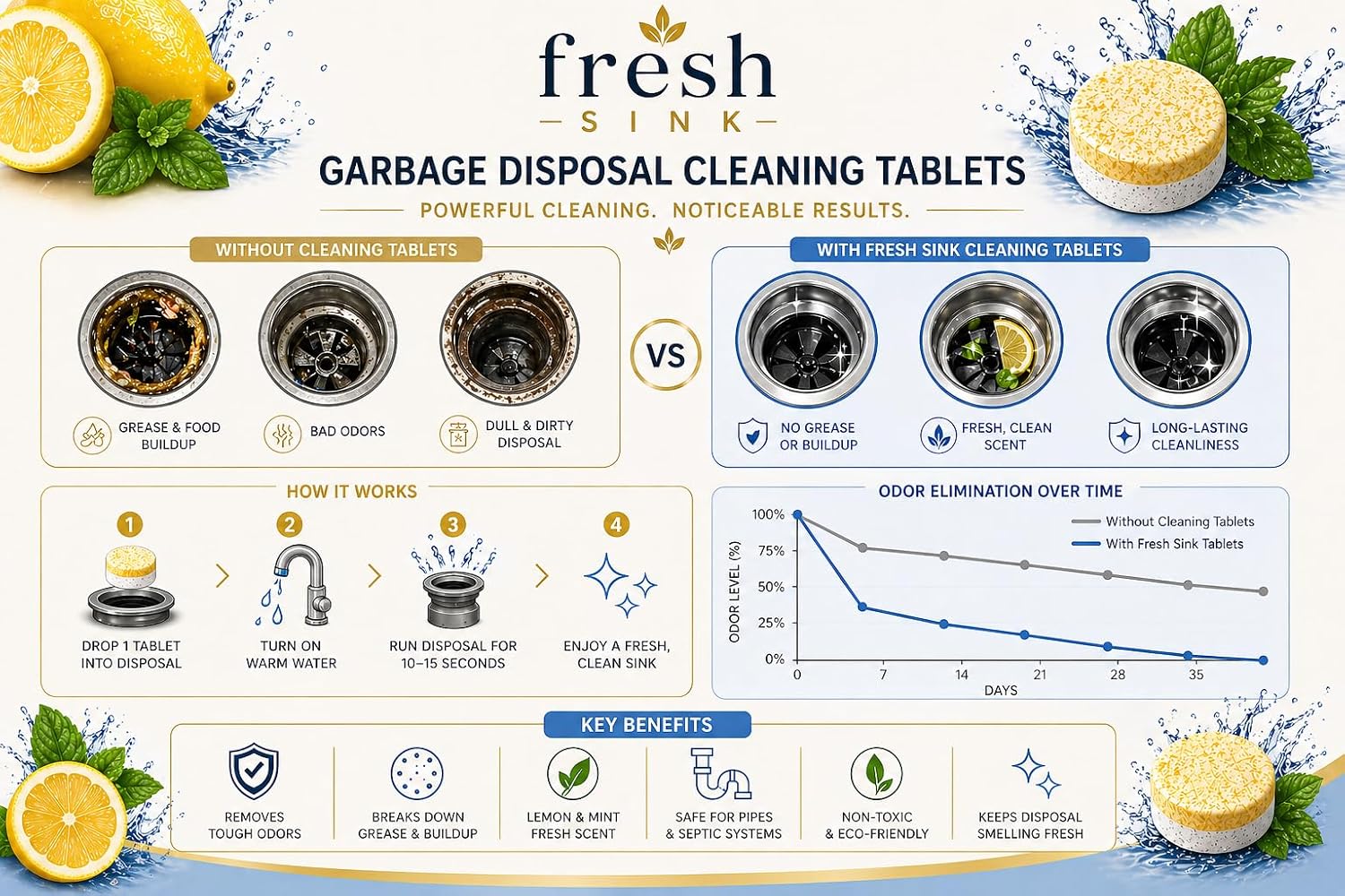 Fresh Sink Garbage Disposal Cleaner and Deodorizer Tablets, 24 Count