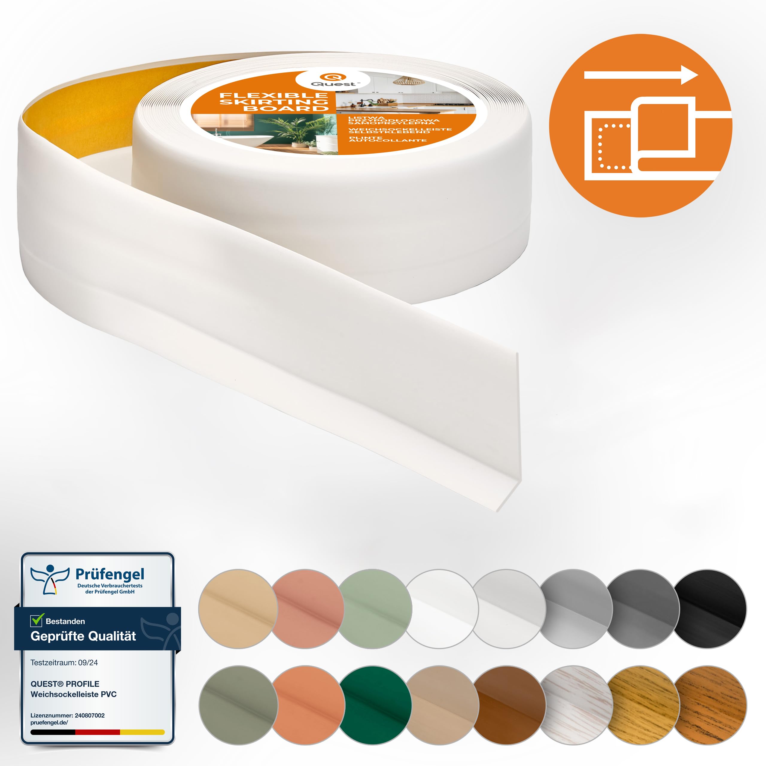 Quest Plinthe Souple Autoadhésive - 50 mm x 20 mm - Plinthe en PVC de finition - Pour l'intérieur, mur, sol, salle de bain, salon - Flexible, Étanche, Décoratif - 25 mètres, Blanc