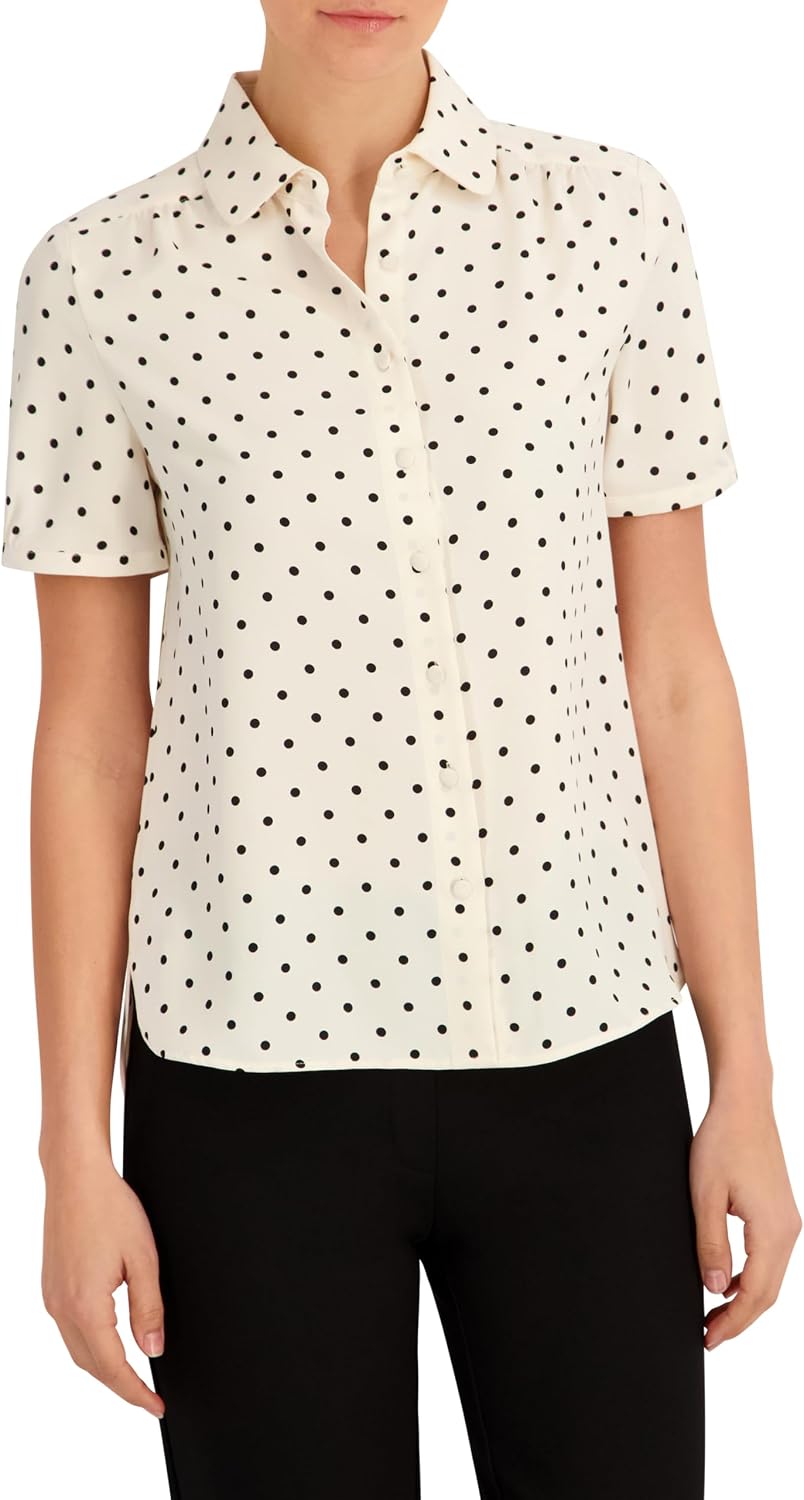 Anne Klein Women's Cap Sleeve Polka Dot Button Front Shirt