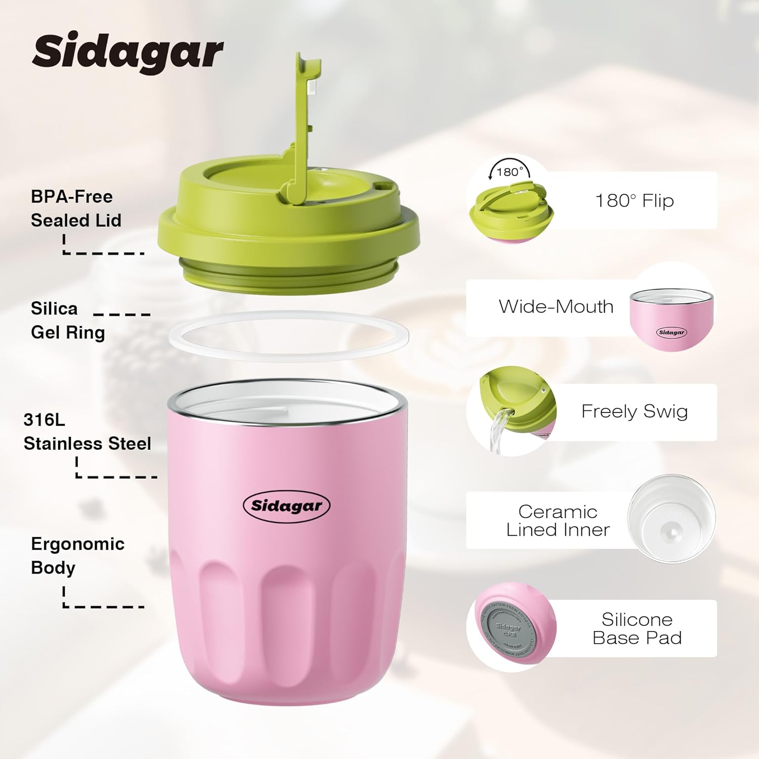 Travel Coffee Mug 10 oz Ceramic Lined Tumbler, Double Wall Stainless Steel Coffee Cup with Lid, Vacuum Spill Proof Mini Water Bottle, Insulated Thermal Mug for Home Office,Pink - Image 7