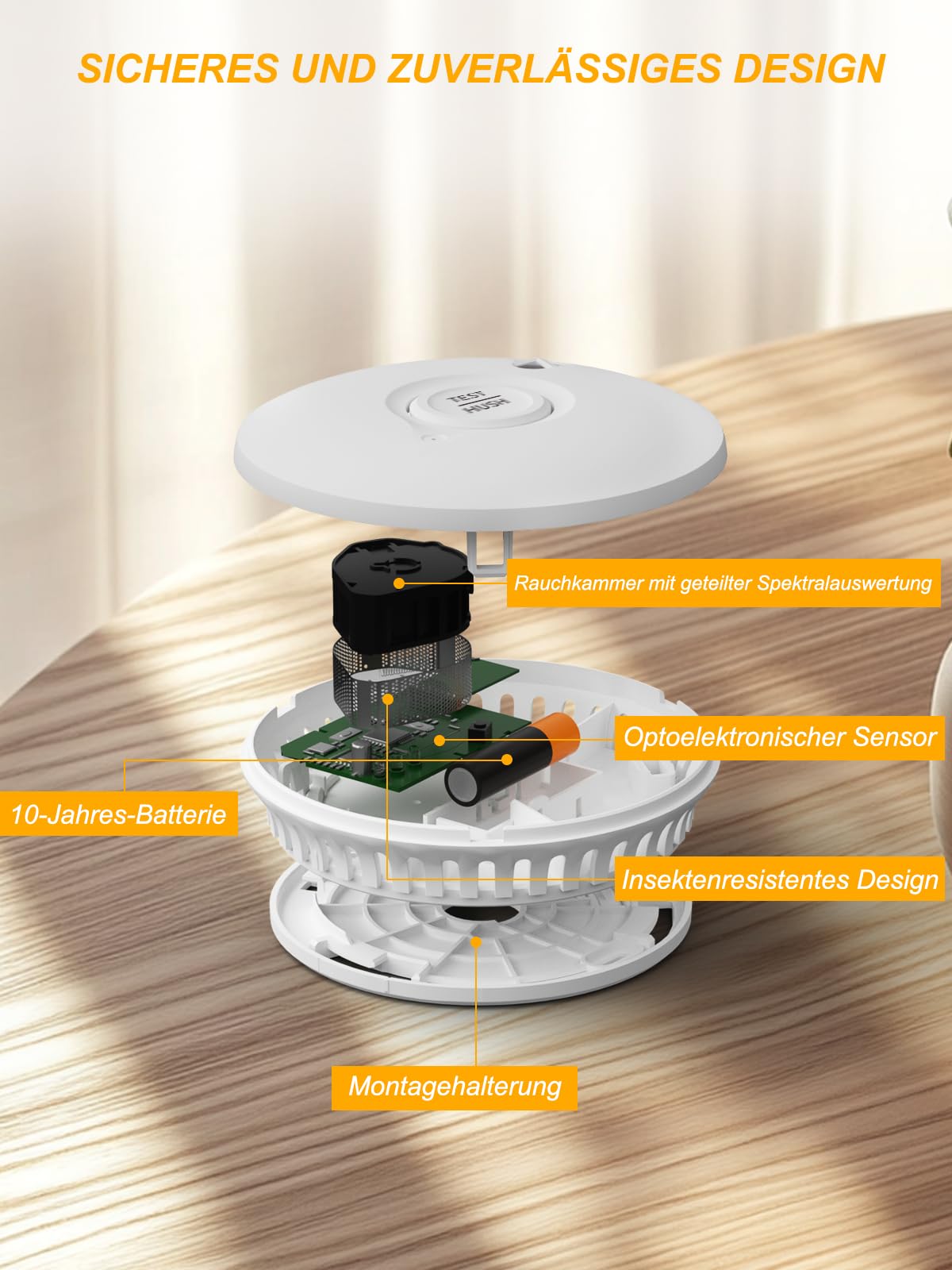 Rauchmelder mit 10-Jahres-Batterie, 4er-Set, 85 dB, Magnetplatte, DIN EN 14604, Test/Hush-Taste, Deckenmontage