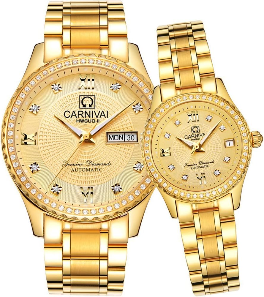 MASTOP Men and Women Automatic Watch Gold Silver Stainless Steel Dress Couple Watches for Her and His Set of 2 …