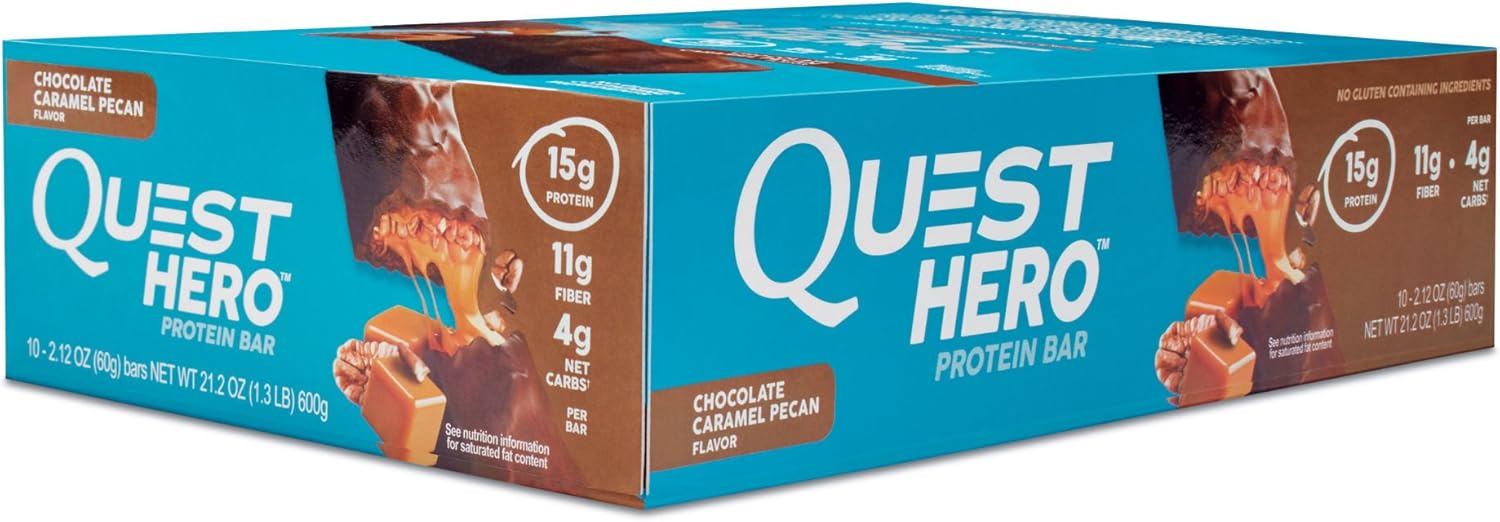Quest Nutrition Pecan Hero Protein bar, Low Carb, Gluten Free, Chocolate Caramel,10 Count