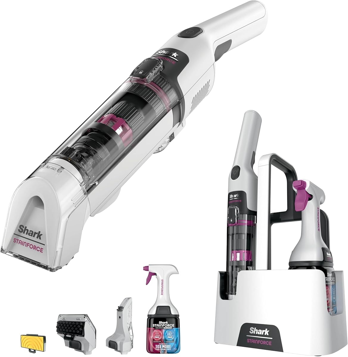 Shark StainForce Cordless Spot Cleaner Lightweight & Portable Spot, Stain, & Odour Eliminator for Carpets, Upholstery, Cars, with Storage Caddy, Accessories and 500ml Cleaning Solution, HX100UKT