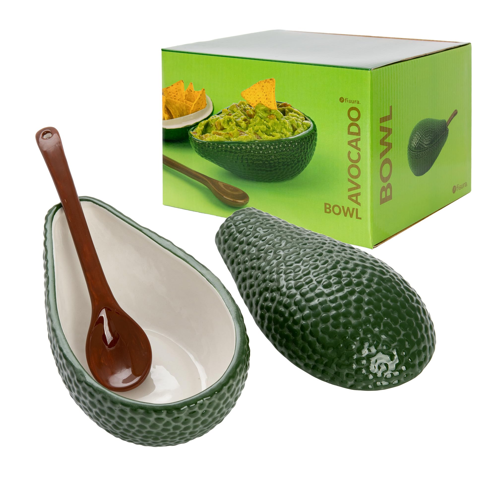 Fisura - Ciotola per guacamole con cucchiaio. Originale ciotola a forma di avocado. Ciotola per guacamole in porcellana. Ciotola verde per antipasti. 18 x 10 cm