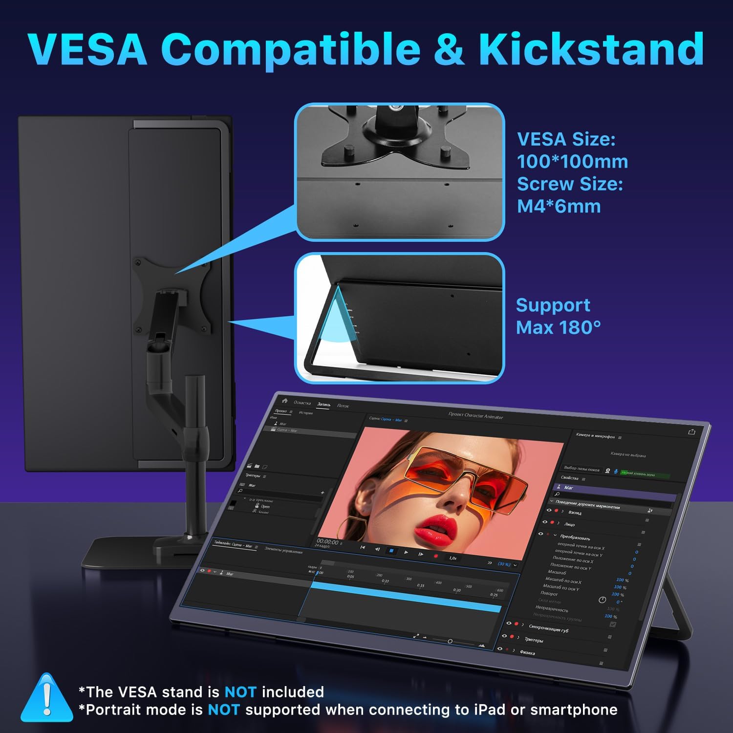 Portable Monitor 23.8 inch 4K 3840X2160 144% sRGB 60Hz HDR HDMI USB-C Travel Monitor for Laptop MacBook PC Surface PS5 Xbox, Large External Display with Kickstand & Speakers, VESA Compatible - Image 4