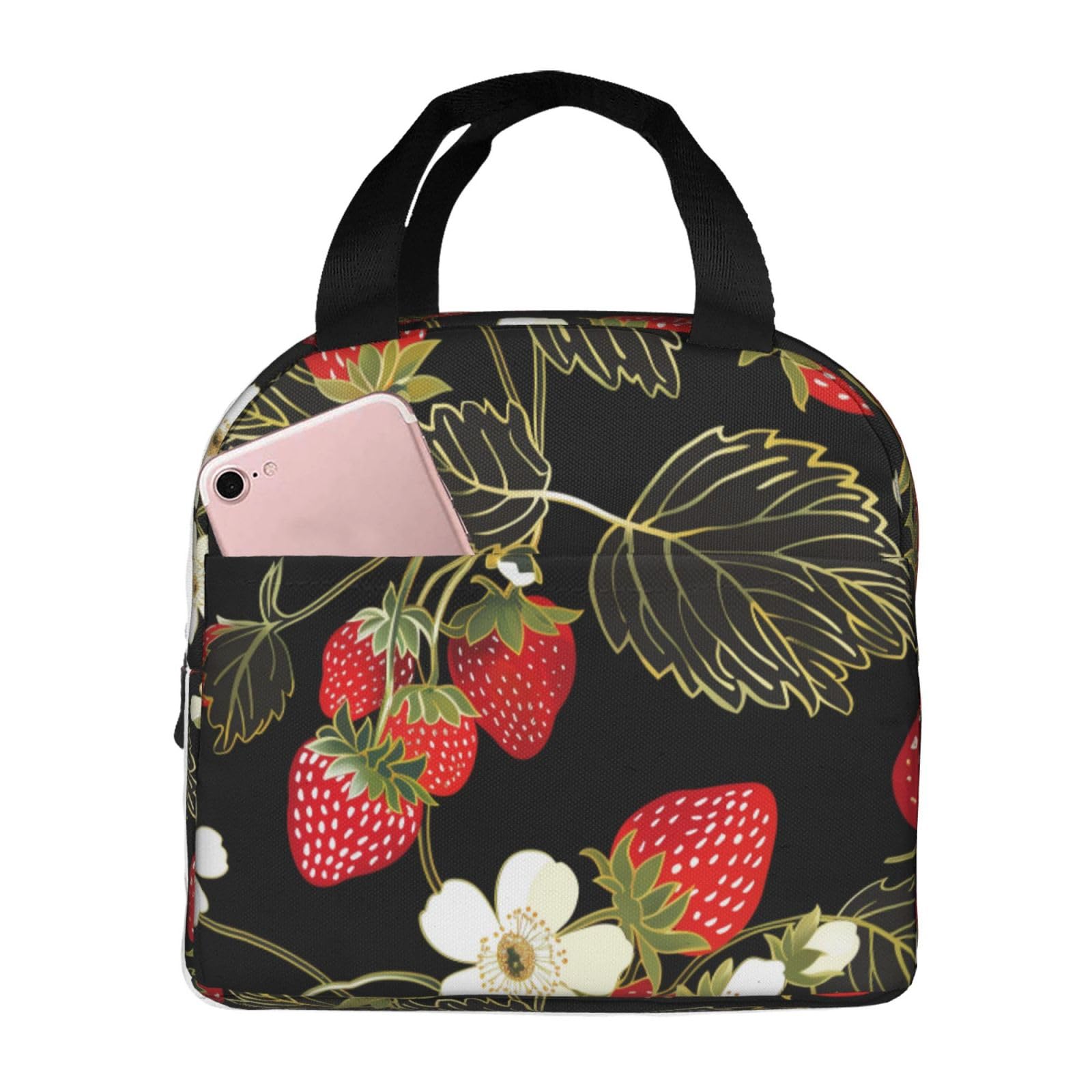 Mexpekil Lunch Bag for Travel Work Picnic, Red Strawberry Green Leaf Fruit Pink Reusable Bento Box Lunch Tote Bag, Handbags Case High Capacity for Kids and Adults